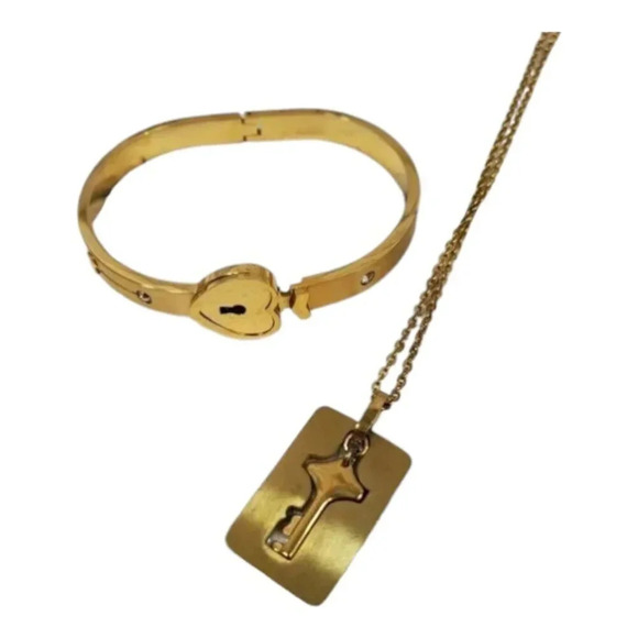 Golden Lock and Key Bracelet and Necklace Couples Jewelry - Picture 1 of 10